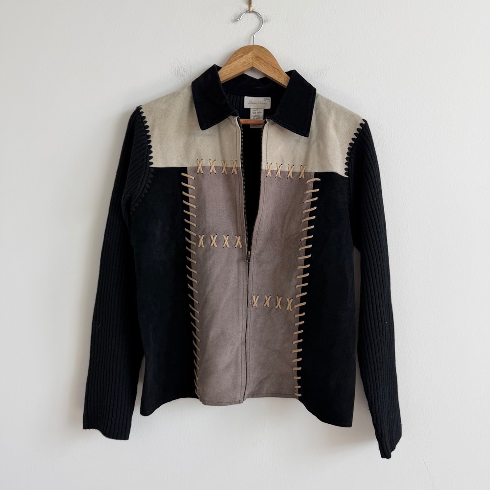 Vintage‎ Y2K Suede Patchwork Whipstitch Sweater Jacket Size Medium - Picture 2 of 9